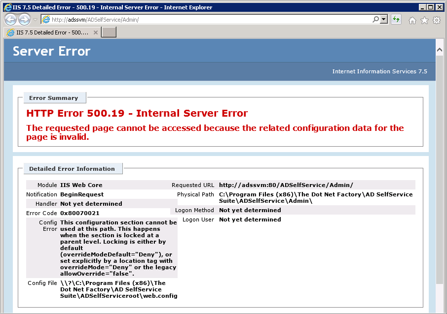 HTTP Error 500.19 - Internal Server Error - This configuration section ...